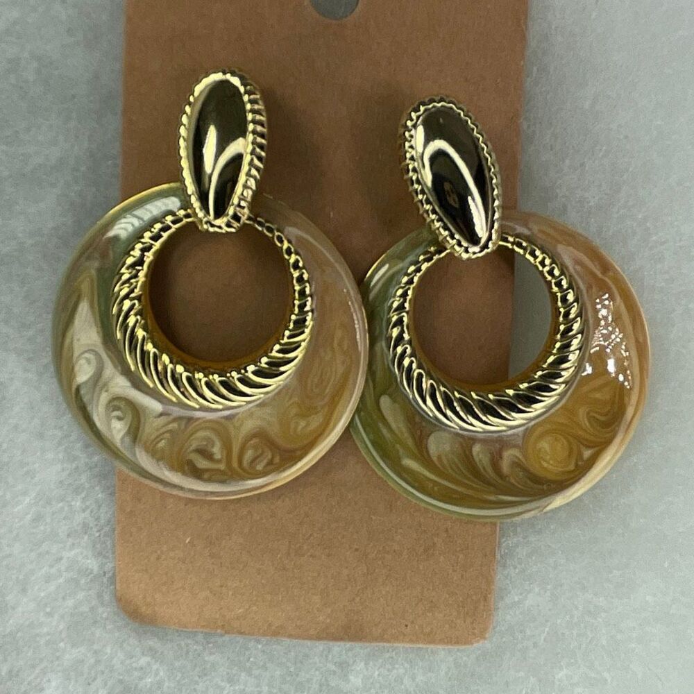 Vintage dangle hoops swirled enameled in gold green.